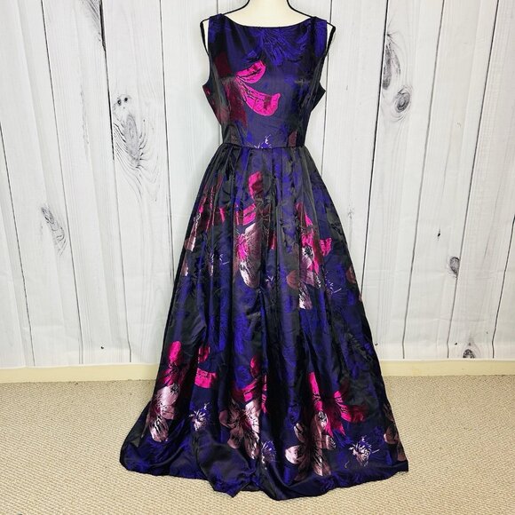 Adrianna Papell Ball Gown Sz 14 Pleated Maxi Dress Full Length Black Purple Pink - Picture 1 of 12